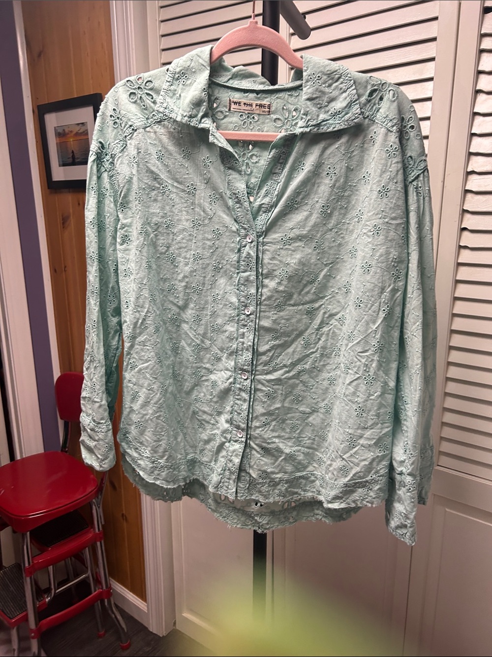 NWOT We The Free Light Green Eyelet Button-Down Shirt - Picture 6 of 8